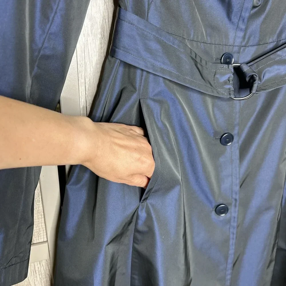 AKRIS Punto Trench Coat Women Size 4 Iridescent Asymmetric Collared Blue